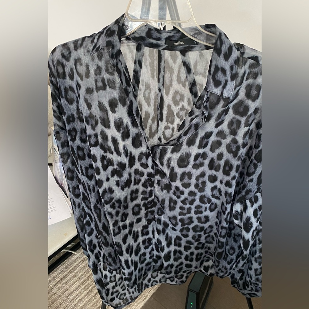 Millau blue / gray leopard print sheer long sleeve button up blouse, size small